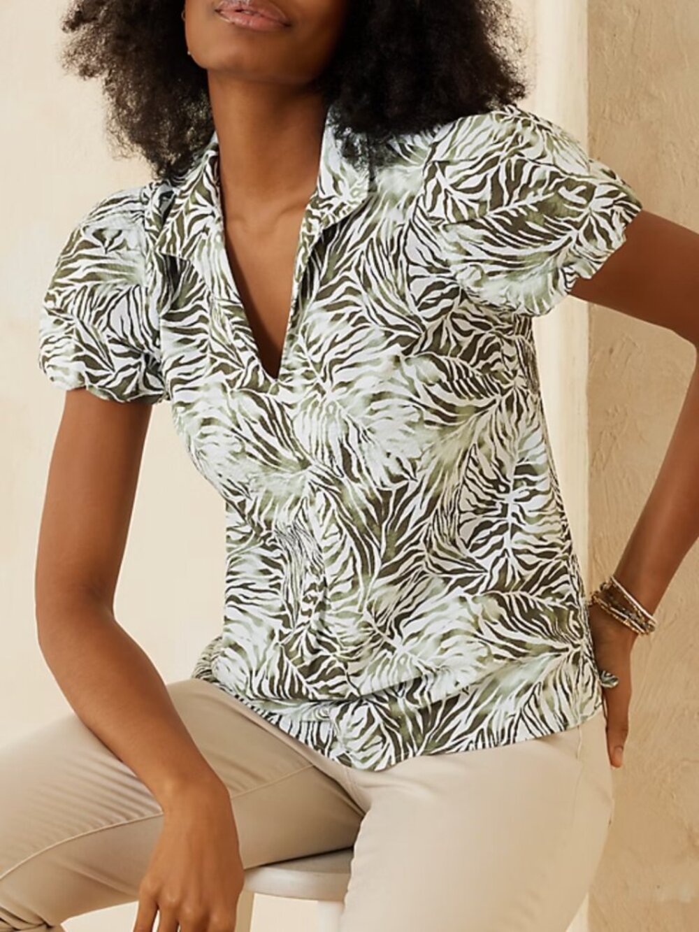 Tommy Bahama Nova Wave Monstera Mirage Puff-Sleeve Top Size XL